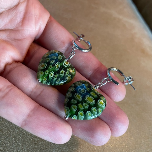 💚 Green heart Italian Millefiori floral earrings green silver - Picture 3 of 8